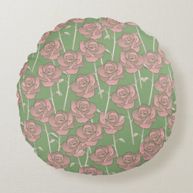 Green Pink Rose Retro Y2K 70s Flower Pattern Round Pillow (Front)