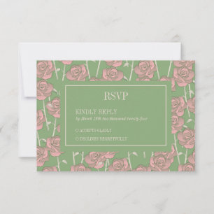Green Pink Rose Retro Y2K 70s Flower Pattern RSVP Card
