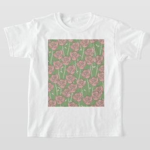 Green Pink Rose Retro Y2K 70s Flower Pattern T-Shirt