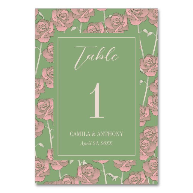 Green Pink Rose Retro Y2K 70s Flower Pattern Table Number (Front)