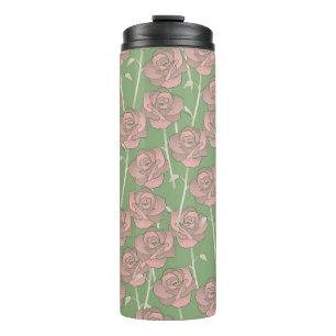 Green Pink Rose Retro Y2K 70s Flower Pattern Thermal Tumbler