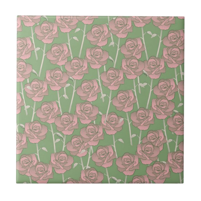 Green Pink Rose Retro Y2K 70s Flower Pattern Tile (Front)
