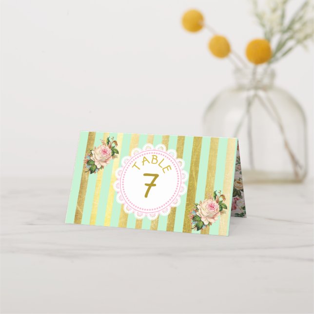 Green Pink Roses  Wedding Table Number Cards (Front)