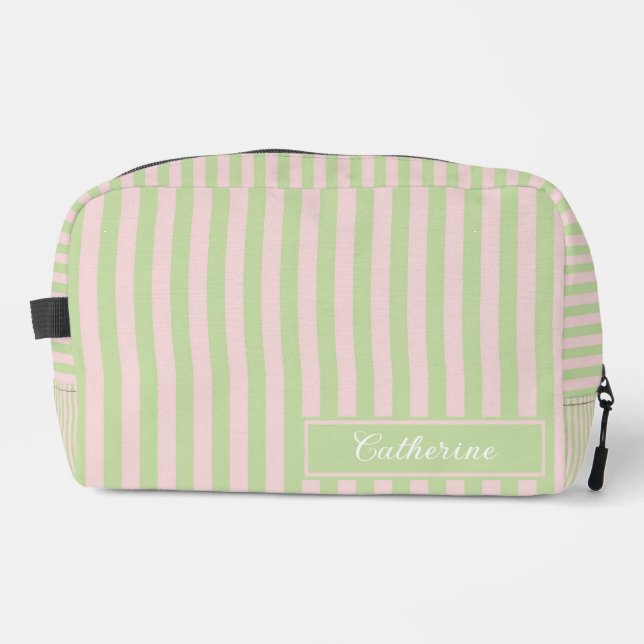 Green & Pink Stripes Abstract Retro Dopp Kit (Front)