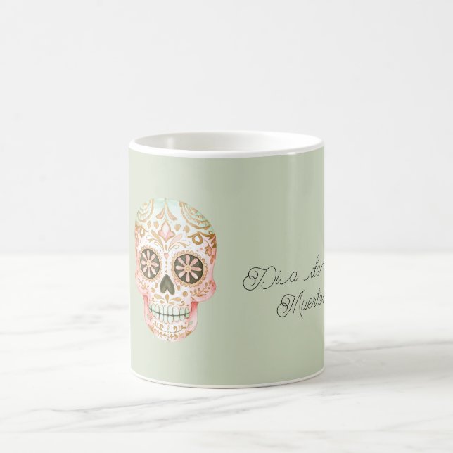 Green Pink Sugar Skull Día de los Muertos Coffee Mug (Center)