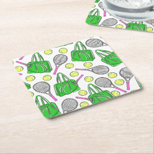 Green Pink Tennis Preppy Square Paper Coaster