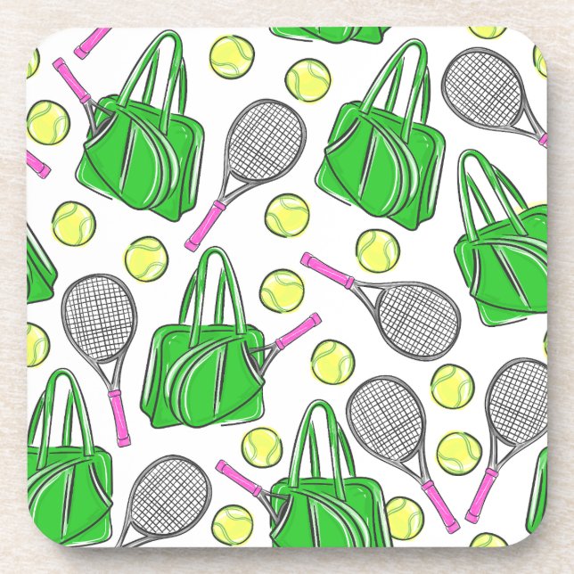 Green Pink Tennis Racquet Bag Balls Preppy Coaster (Front)