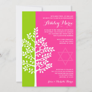 Green Pink Tree of Life Bat Mitzvah Invitation