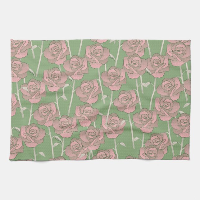 Green Pink Tropical Botanical Spring Summer Kitchen Towel (Horizontal)