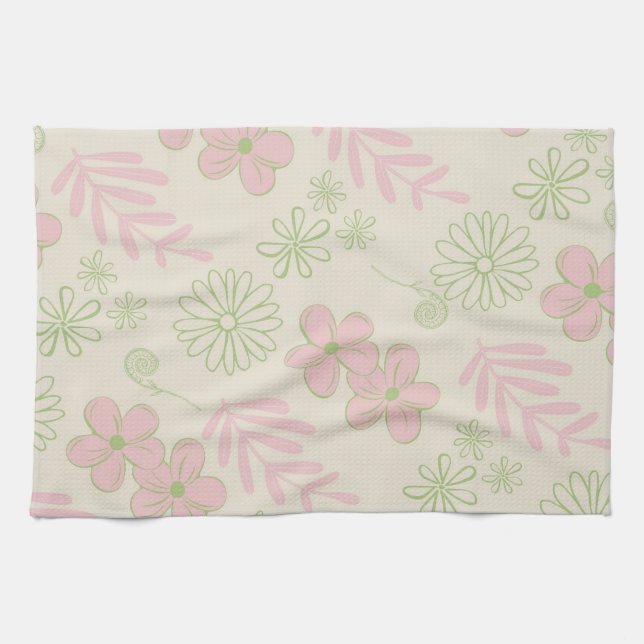 Green Pink Tropical Floral Botanical Spring Summer Kitchen Towel (Horizontal)