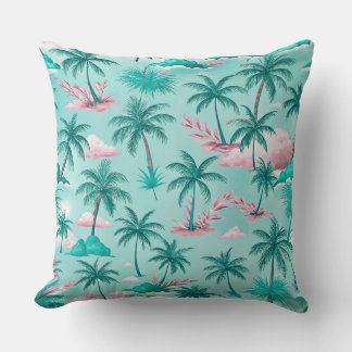 GREEN & PINK TROPICAL PALM TREES & PLANTS THROW PILLOW