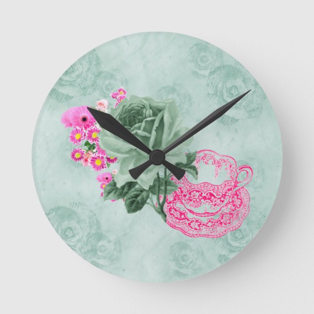 Green&Pink Vintage Teacup&Flowers Round Wall Clock (Front)