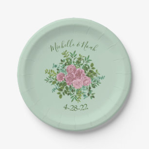 Green & Pink Vintage Wedding Floral Pastel Paper Plate