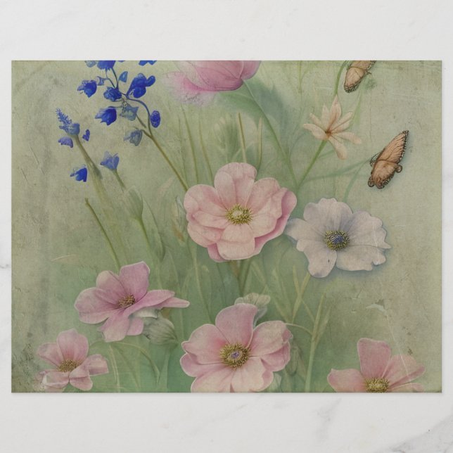 Green & Pink Vintage Wildflower Scrapbook Paper (Front)