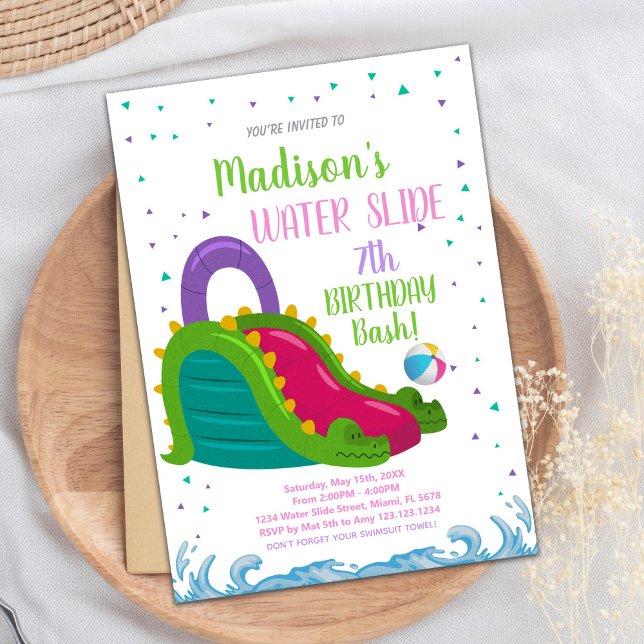 Green Pink Water Slide Birthday Invitations (Green Pink Water Slide Birthday Invitations)
