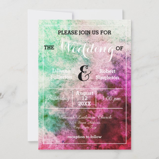 Green/Pink Watercolor - Wedding Invitation (Front)