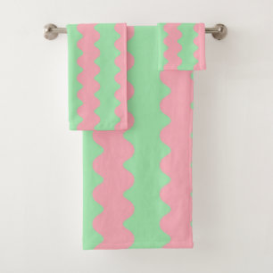 Green Pink Wavy Stripe Minimalist Bathroom Accent Bath Towel Set
