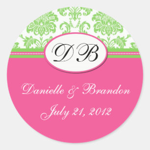 Green Pink Wedding Monogram Damask Seal