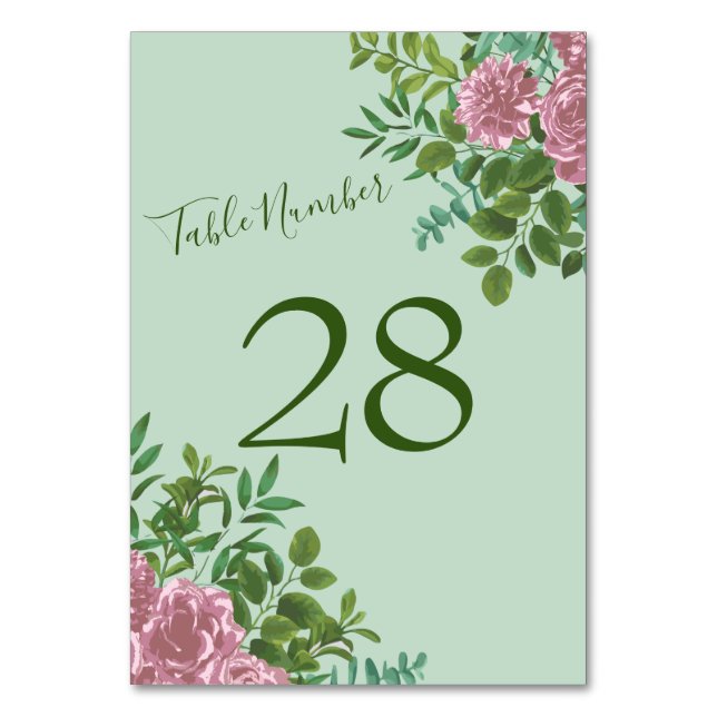 Green & Pink Wedding Pastel Floral Table Number (Back)