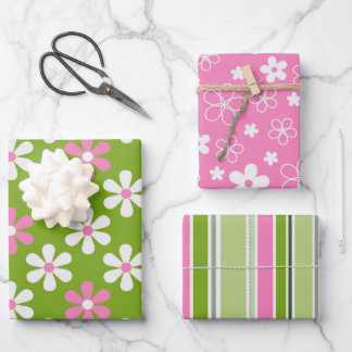 GREEN PINK WHITE DAISY FLOWERS & STRIPES WRAPPING PAPER SHEET