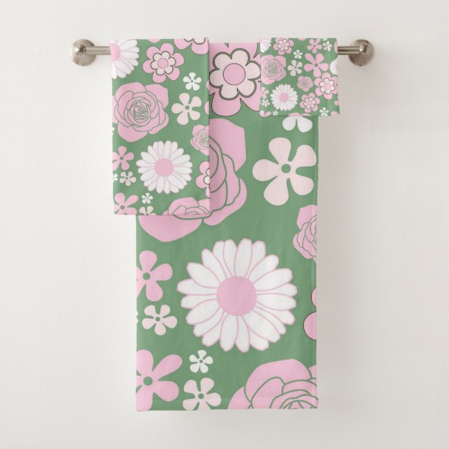 Green Pink White Retro Y2K 70s Flower Pattern Bath Towel Set (Insitu)