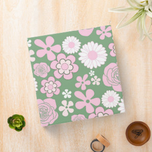 Green Pink White Retro Y2K 70s Flower Pattern Binder
