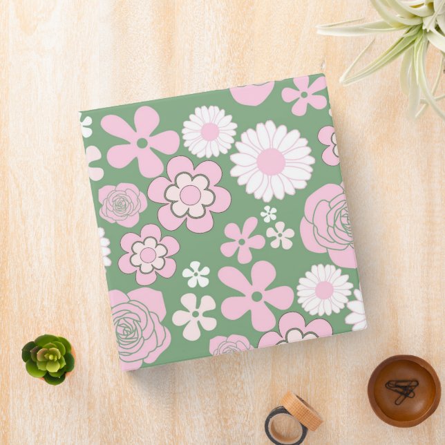 Green Pink White Retro Y2K 70s Flower Pattern Binder (In Situ)
