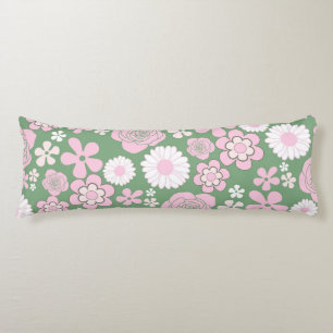 Green Pink White Retro Y2K 70s Flower Pattern Body Pillow