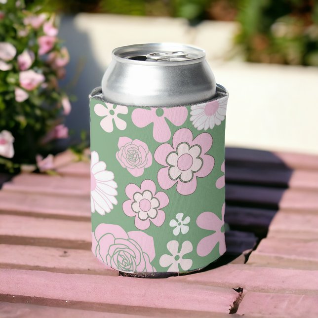 Green Pink White Retro Y2K 70s Flower Pattern Can Cooler (Creator Uploaded)