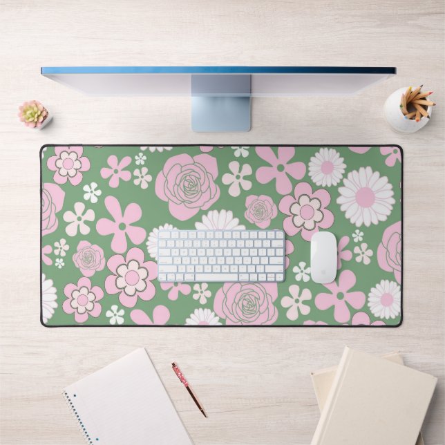 Green Pink White Retro Y2K 70s Flower Pattern Desk Mat (Office 1)