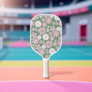 Green Pink White Retro Y2K 70s Flower Pattern Pickleball Paddle