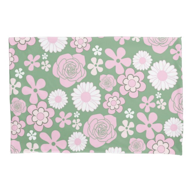 Green Pink White Retro Y2K 70s Flower Pattern Pillowcase (Front)