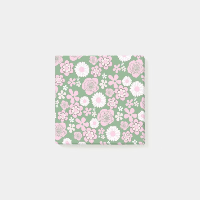 Green Pink White Retro Y2K 70s Flower Pattern Post-it Notes (Front)