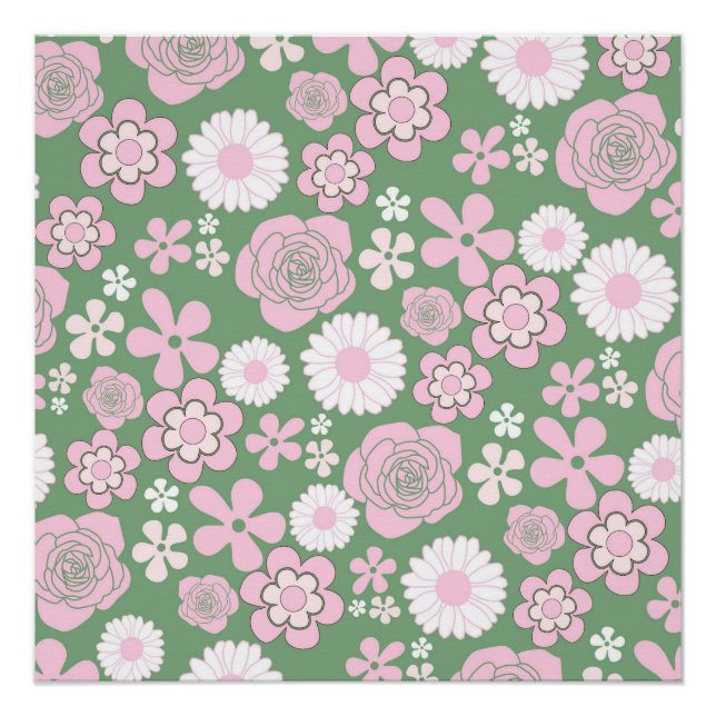 Green Pink White Retro Y2K 70s Flower Pattern Poster (Front)