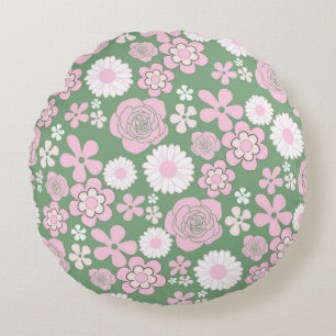 Green Pink White Retro Y2K 70s Flower Pattern Round Pillow