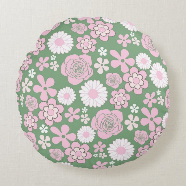 Green Pink White Retro Y2K 70s Flower Pattern Round Pillow (Front)