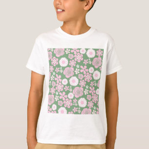 Green Pink White Retro Y2K 70s Flower Pattern T-Shirt