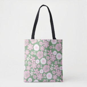 Green Pink White Retro Y2K 70s Flower Pattern Tote Bag