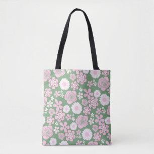 Green Pink White Retro Y2K 70s Flower Pattern Tote Bag
