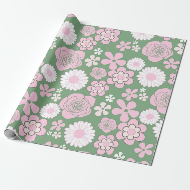 Green Pink White Retro Y2K 70s Flower Pattern Wrapping Paper (Unrolled)