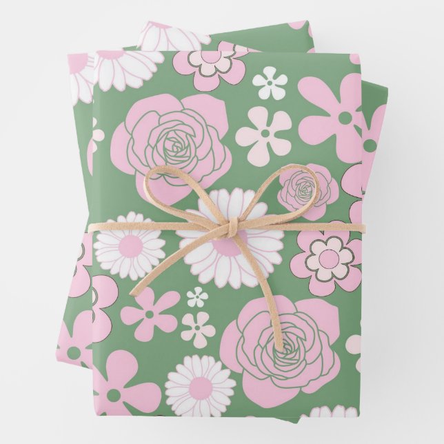 Green Pink White Retro Y2K 70s Flower Pattern Wrapping Paper Sheet (In situ)