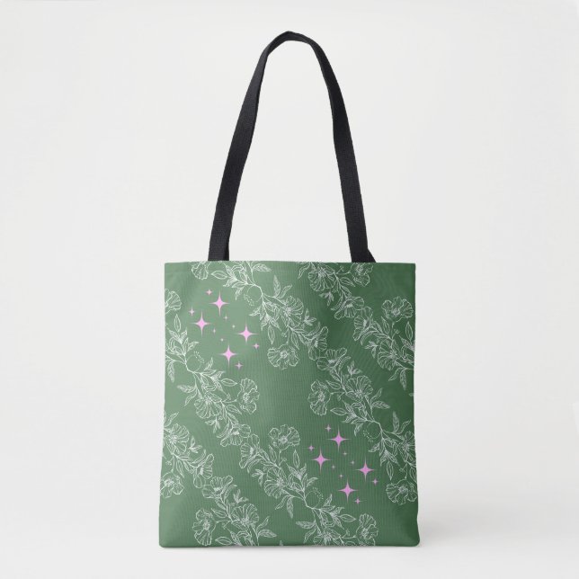 GREEN PINK WHITE SEAMLESS FLOWER PATTERN TOTE BAG (Front)