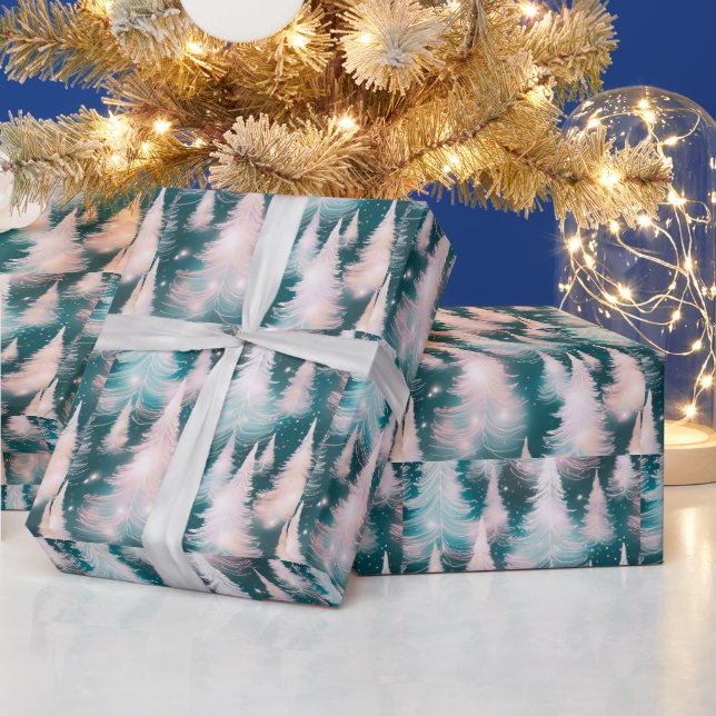 Green Pink White Trees Modern Christmas Wrapping Paper (Holidays)
