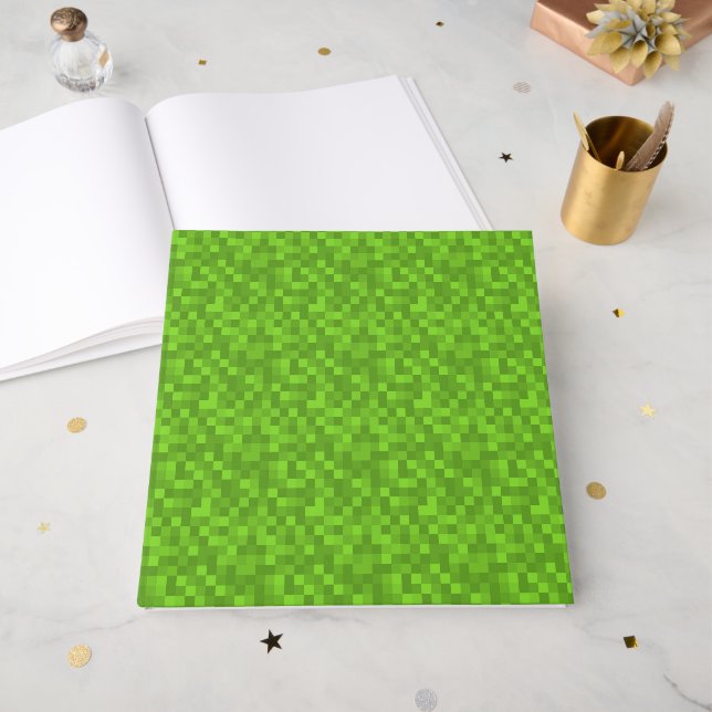 Green Pixel Pattern Retro 8-Bit Gaming Guest Book (Front Open)