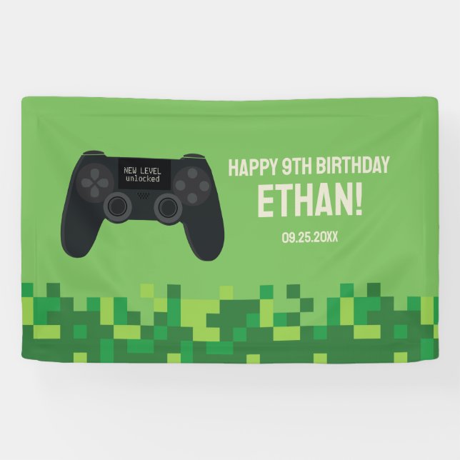 Green Pixelated Gamer Birthday Banner (Horizontal)