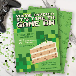 Green Pixelated Gamer Cake Kids Birthday Invitation