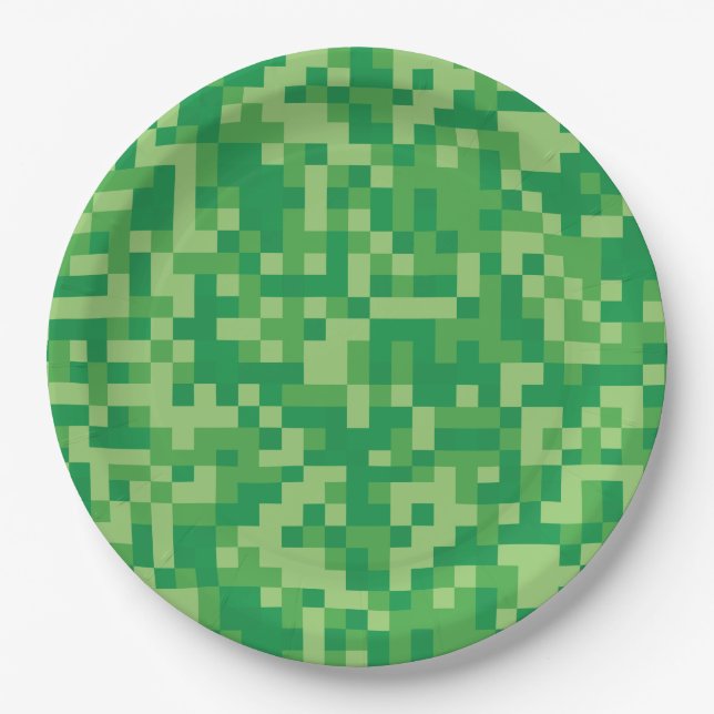 Green Pixelated Video Game Birthday Party Paper Plate (Front)