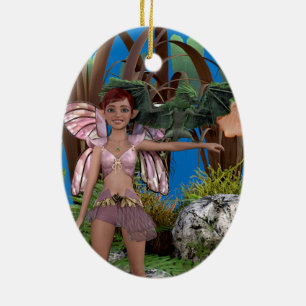 Green pixie dragon on fairy Avery's arm Ceramic Ornament