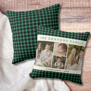 Green Plaid 4 Photo Collage Family Name Farmhouse Throw Pillow