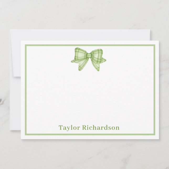 Green Plaid and Bow Personalized Name Note Card (Front)